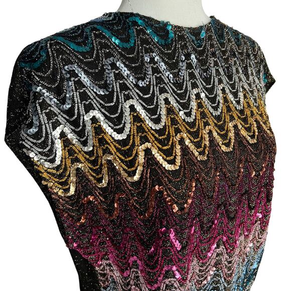 Vintage Style Trix Black Multicolor Sequin Mesh Sleeveless Top 8 Disco - Picture 3 of 8